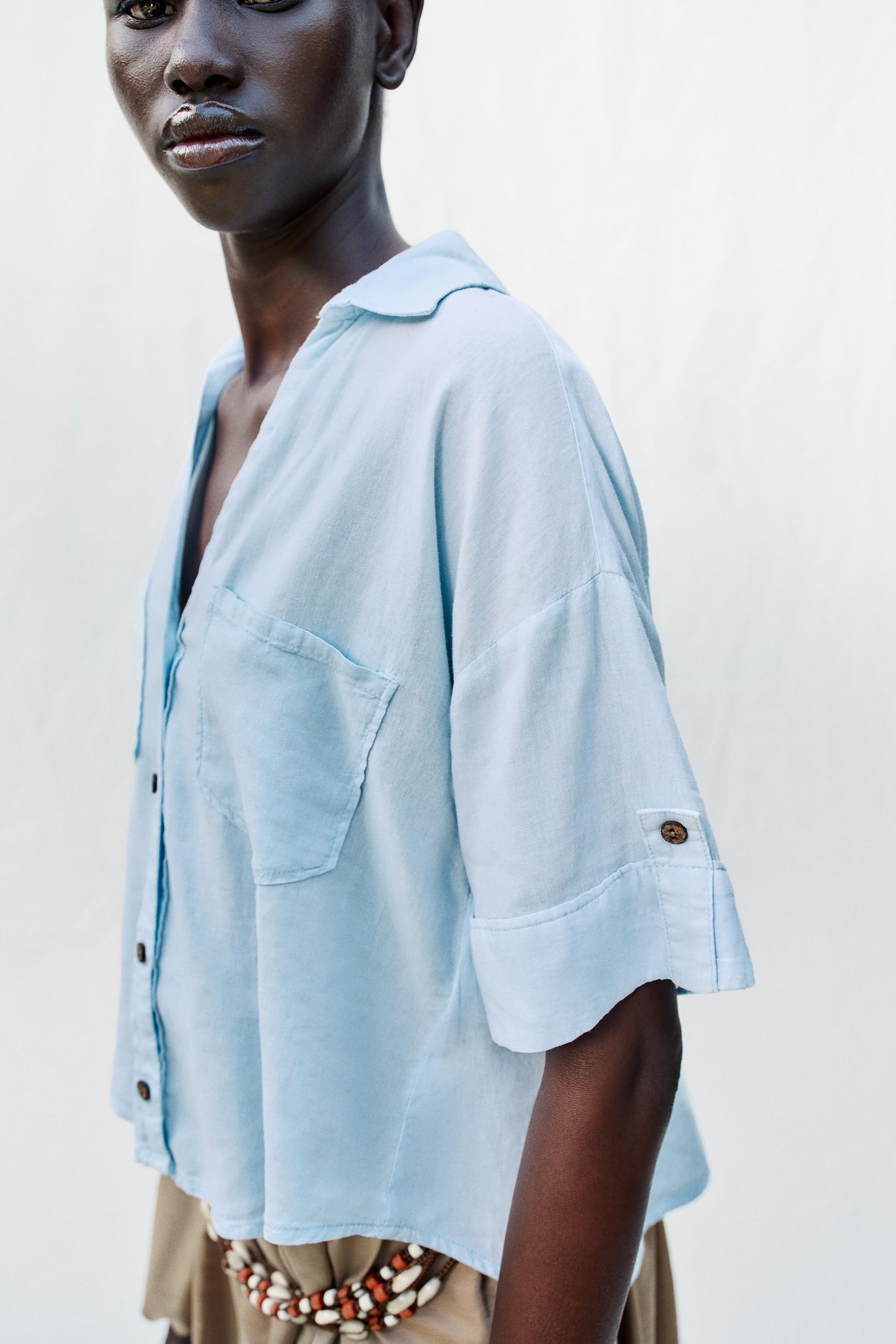 CROPPED LINEN BLEND SHIRT